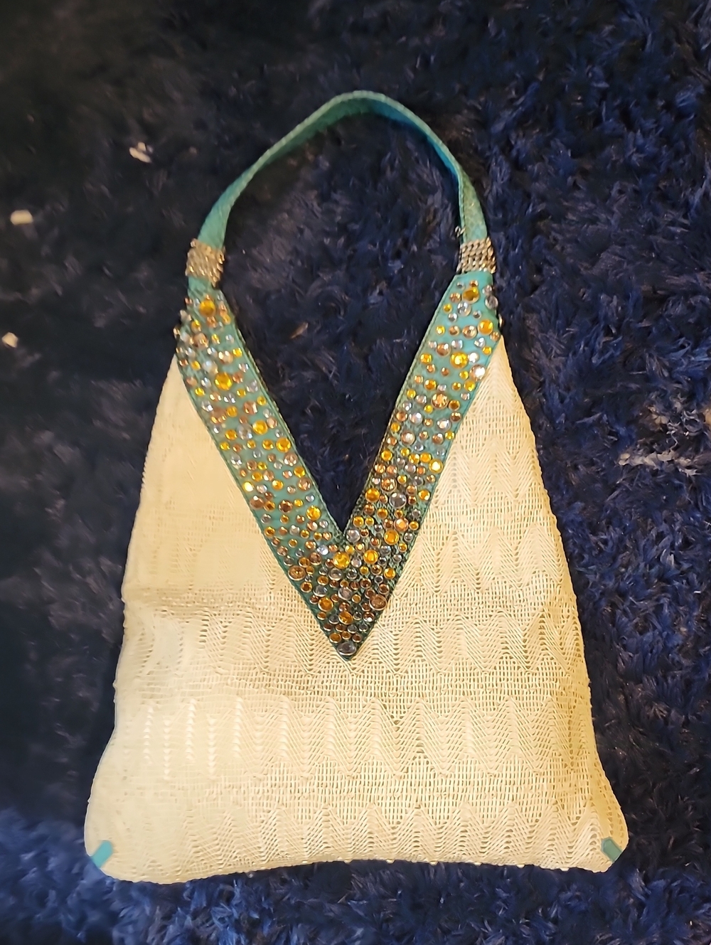 Beaded V-Neck Cream & Teal Women’s Shoulder Bag